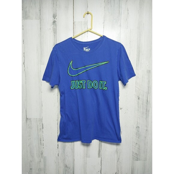 Nike Shirt Mens Medium Blue Green Just Do it Swoosh Athletic Fit Short Sleeve - Picture 1 of 6